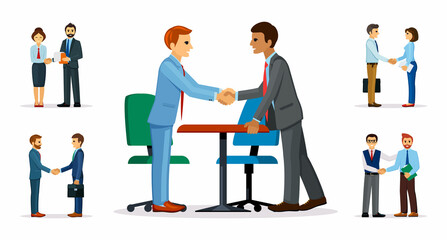 Businessmen handshakes set. Business people in suits complete deal with handshake successful partnership and lucrative contract for confident cooperation. Relationship cartoon vector