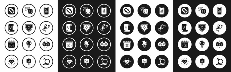 Set Dating app, Gender shield, Female, Feminism, Sanitary napkin, Feminist activist, equality, and Calendar with 8 March icon. Vector