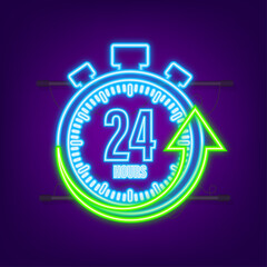 24 hours clock arrow. Neon icon. Work time effect or delivery service time. Vector stock illustration