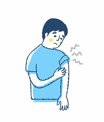 注射の痕の腕が痛む男性