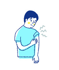 注射の痕の腕が痛む男性