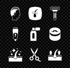 Set Hairstyle for men, Broken hair follicle, Shaving razor, Oil care treatment, Scissors hairdresser, Human, Electric blade and Aftershave with atomizer icon. Vector