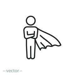 superhero icon, proud man, pose brave person with cape, strong hero, super power, thin line symbol on white background - editable stroke vector illustration eps10