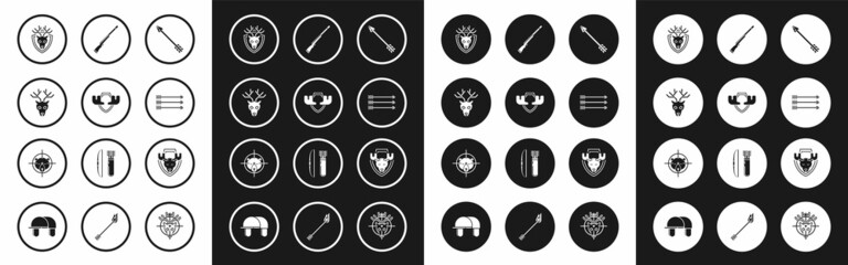 Set Hipster arrow, Moose horns on shield, Deer head with antlers, arrows, Hunting gun, and bear crosshairs icon. Vector