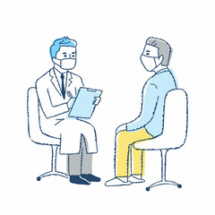 診察室で問診をしている医者と患者の男性