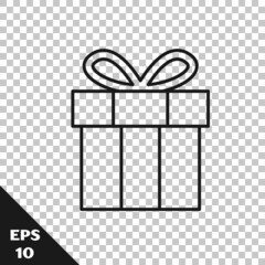 Black line Gift box icon isolated on transparent background. Happy Birthday. Vector