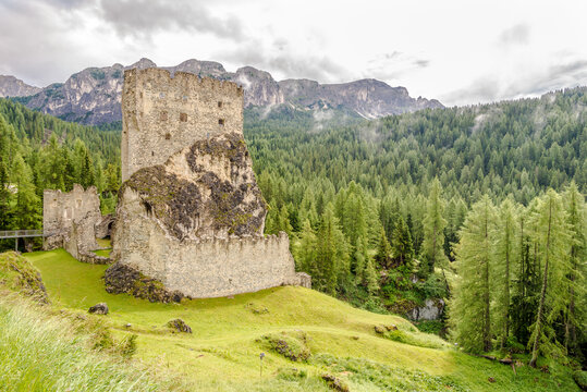 View at the ruins of Andraz Castel in South Tyrol Dolomites, Italy
