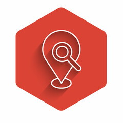 White line Search location icon isolated with long shadow. Magnifying glass with pointer sign. Red hexagon button. Vector