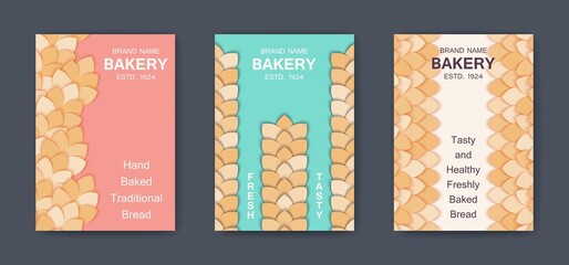 Posters template for bakery with decor of styled spikelets of bread. Minimal paper art style cover. Vector template