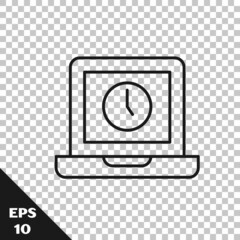 Black line Laptop time icon isolated on transparent background. Computer notebook with empty screen sign. Vector