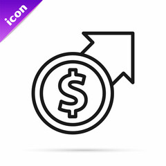 Black line Financial growth and dollar coin icon isolated on white background. Increasing revenue. Vector