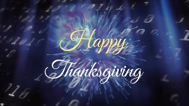 Happy thanksgiving text against binary coding data processing on blue background