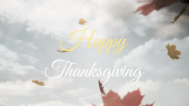 Happy thanksgiving text over multiple maple leaves falling against clouds in the sky