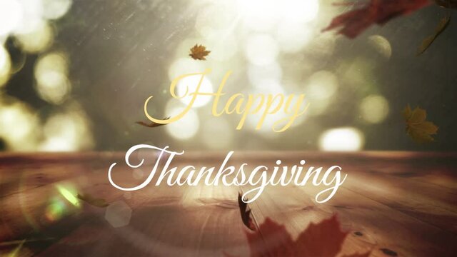 Happy thanksgiving text against multiple maple leaves falling against spots of light
