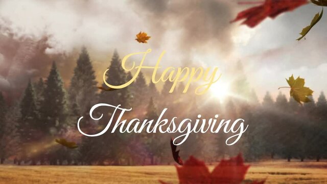 Happy thanksgiving text over multiple maple leaves falling against forest in background