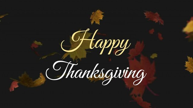 Happy thanksgiving text over multiple maple leaves falling against black background