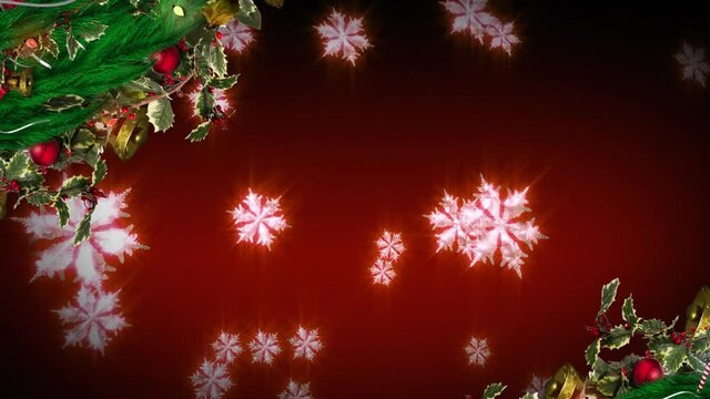 Animation of snow falling over christmas decorations