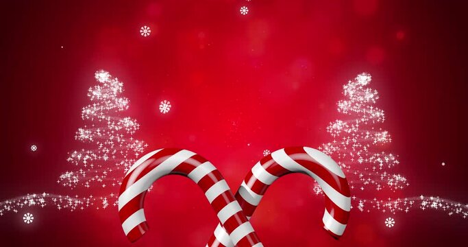 Candy cane icon over shooting star forming a two christmas trees against red background