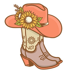 Cowboy boots and cowboy hat with sunflowers decoration. Cowgirl boots vector vintage color illustration isolated for print. Country wedding decor - 462368996