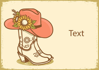 Cowboy boots and cowboy hat with sunflowers decoration. Cowgirl boots vector vintage illustration. Country wedding hand drawn illustration on old paper texture for text