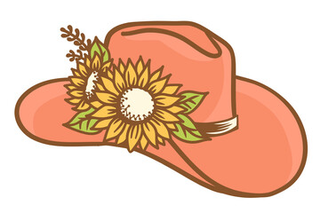 Cowboy hat with yellow sunflowers. Vector Western hat with sunflowers for cowgirl isolated on white. Cut file Hand drawn illustration - 462369133