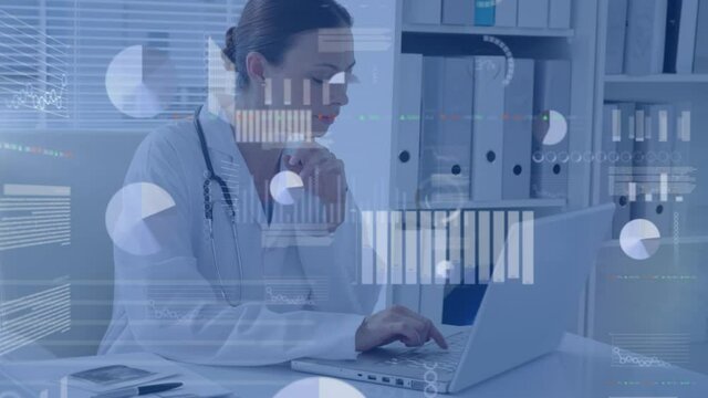 Animation of data processing and diagrams over smiling caucasian female doctor using laptop