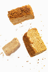 Sweet vegan honey cake on a white table selective focus