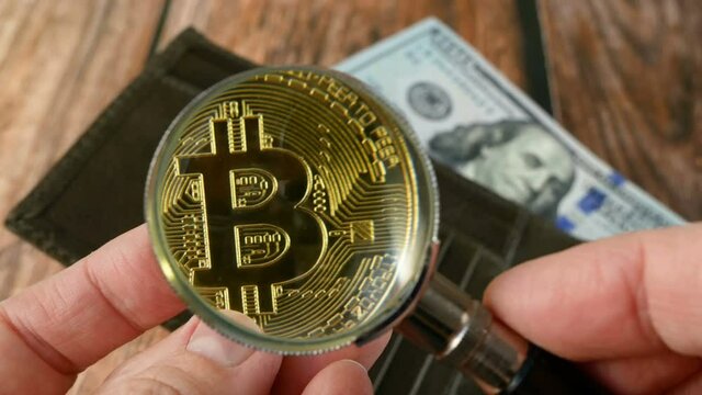 hand takes out the golden bitcoin from wallet with american dollars on wooden background, multicurrency concept