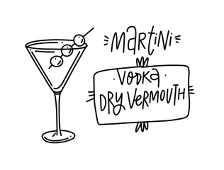 Martini cocktail. Hand drawn black color outline style. Vector illustration.