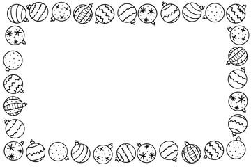 Vector frame of outline xmas tree balls in doodle style. Hand drawn background, border, decoration for winter holidays decor, greeting cards, invitations. Merry Christmas and Happy New Year