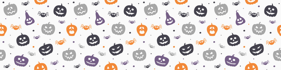 Banner with creepy pumpkins and spiders. Halloween texture. Vector