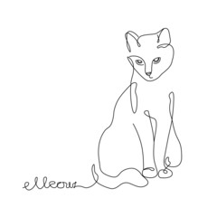 Vector card in one line art style with cute cat with text Meow. Line art illustration of cat on white background