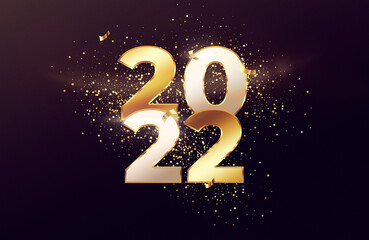 New year 2022 gold numbers with golden glitter numbers on black background.