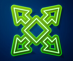 Glowing neon line Many ways directional arrow icon isolated on blue background. Vector