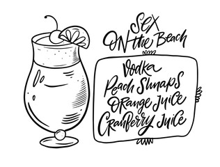 Sex on the beach cocktail. Hand drawn black color outline style.