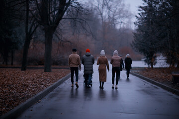 walk park autumn seasonal gloomy weather rain, a group of young friends and a child in a carriage