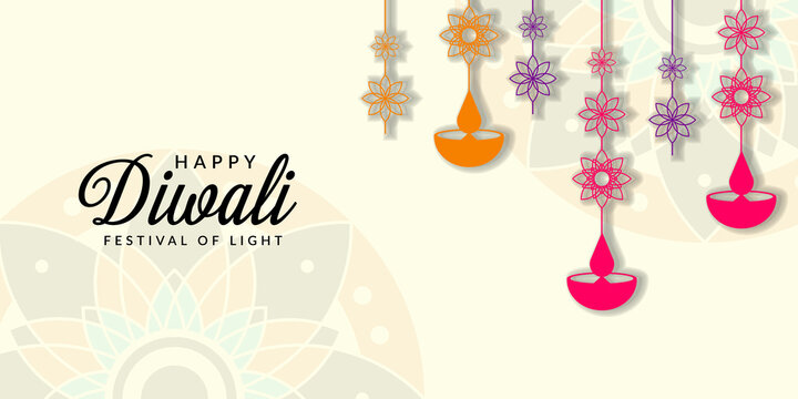 happy diwali flat design with diya decoration in the background