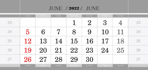 June 2022 quarterly calendar block. Wall calendar in English, week starts from Sunday.