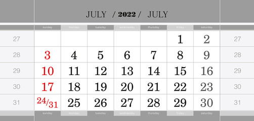 July 2022 quarterly calendar block. Wall calendar in English, week starts from Sunday.