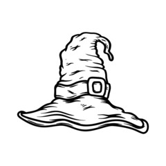 Illustration of halloween witch hat in vintage monochrome style. Design element for logo, label, sign, emblem, poster. Vector illustration