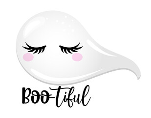 Boo-tiful (beautiful), Happy Halloween - beautiful ghost girl. Spooky ghost doodle draw for print. Adorable poster for Halloween party, good for t shirts, gifts, mugs or print designs. Trick or treat.
