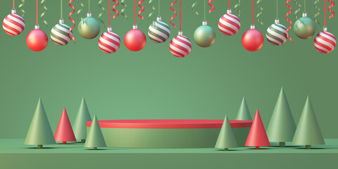 Obraz premium Christmas and newyear product podium mockup display background with chirstmas tree and christmas ball with ribbon,3D render background