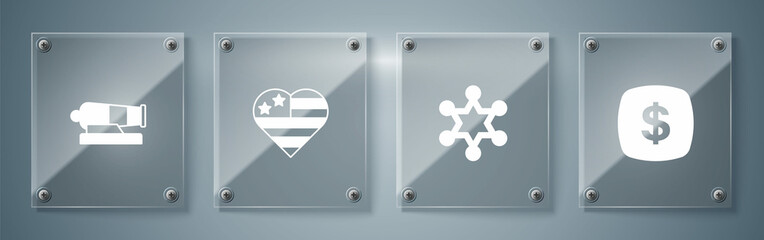 Set Dollar symbol, Hexagram sheriff, USA Independence day and Cannon. Square glass panels. Vector