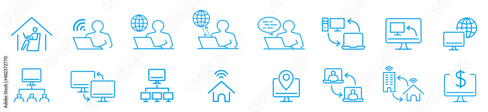 Wall mural freelance worker, work from home, laptop, pc monitor, workspace, line icons vector.