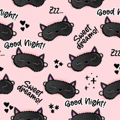 Sleeping mask black cat lashes pattern with good night, sweet dreams and zzz... text - funny doodle, seamless pattern. sleeping mask, stars, hearts. Cartoon background, texture for bedsheets, pajamas.