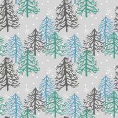 Winter forrest with Christmas trees and snow in the grey background, illustration