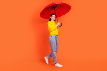 Full body profile side photo of young woman happy positive smile rainy protect parasol fall...