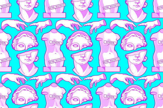 Seamless pattern. Mythical goddess, ancient sculpture in modern contemporary stylization.Vibrant glowing background or wallpaper in vaporwave style.