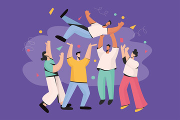 Diverse friends have fun celebrate birthday throw person up in air. Smiling happy people have business success celebration, goal victory achievement. Party, win concept. Vector illustration. 