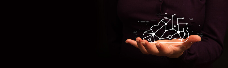 Hand and circle tech on technology background.